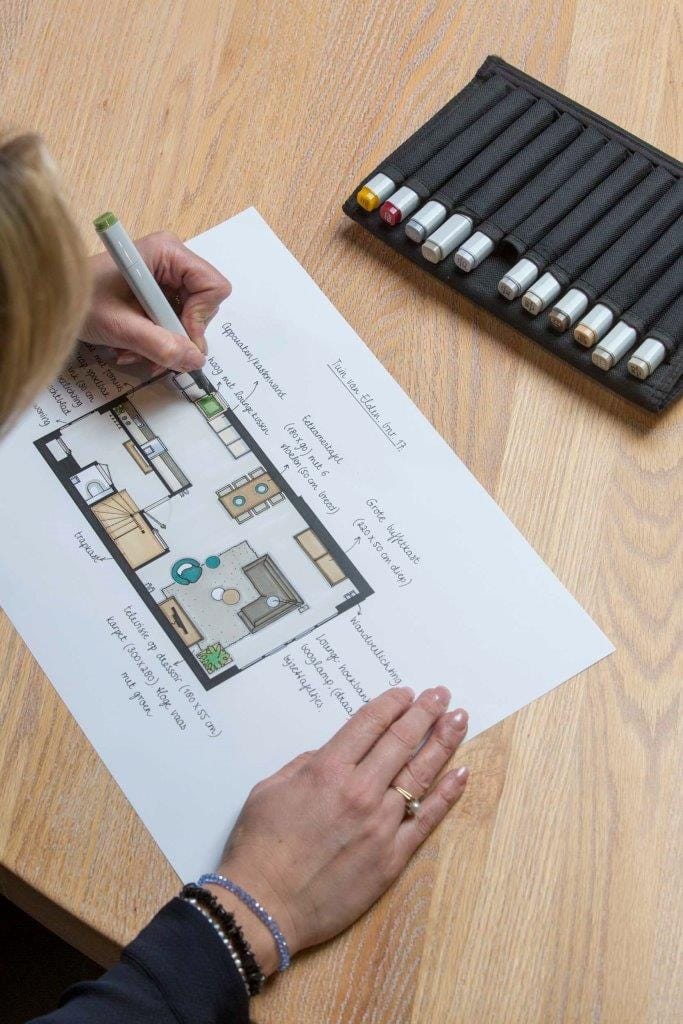 Handgetekende plattegrond met meubelindeling